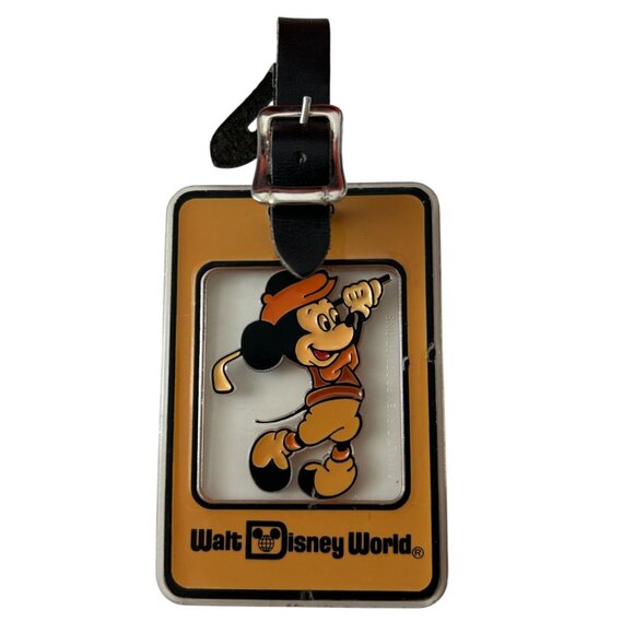 Walt Disney World Mickey Mouse Golf Bag Luggage Tag Hard Plastic Vintage Tan Wht - Picture 1 of 2